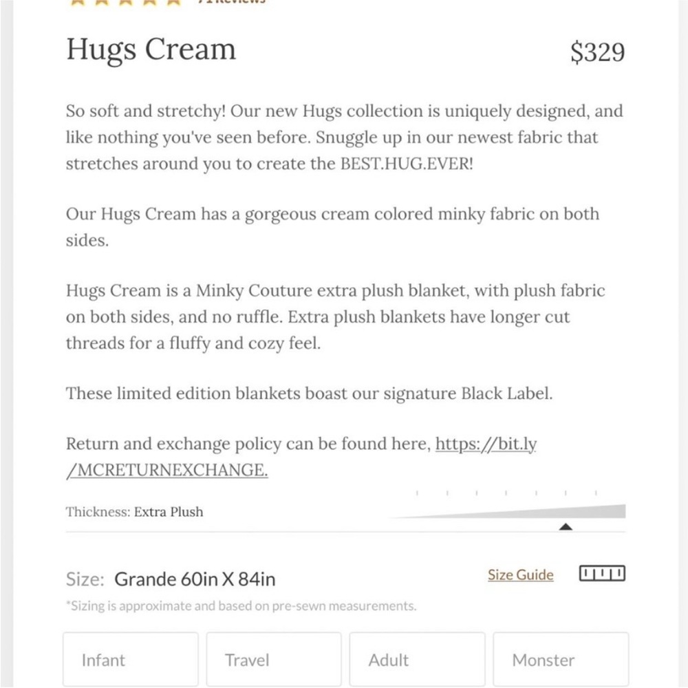 NWT Minky Couture Hugs, Cream, Grande Size, 60 inches x 84 inches - Picture 5 of 7